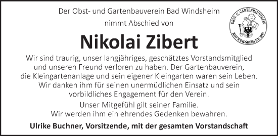 Traueranzeige von Nikolai Zibert von Neustadt/ Scheinfeld/ Uffenheim