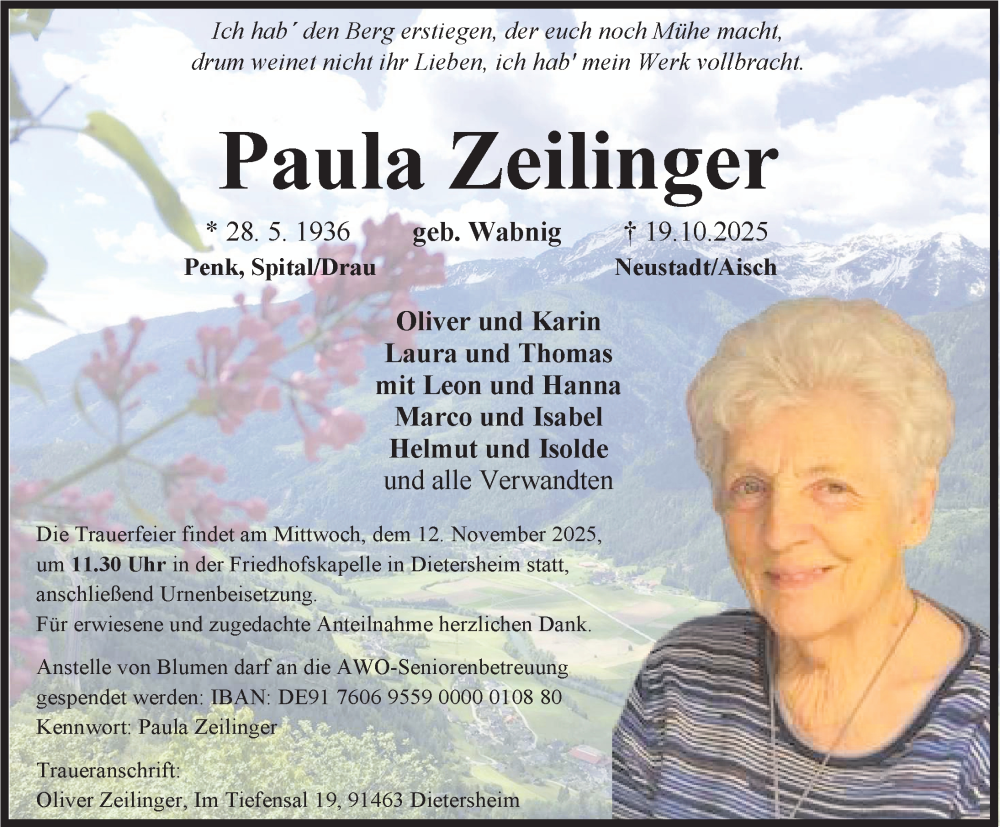  Traueranzeige für Paula Zeilinger vom 07.11.2025 aus Neustadt/ Scheinfeld/ Uffenheim