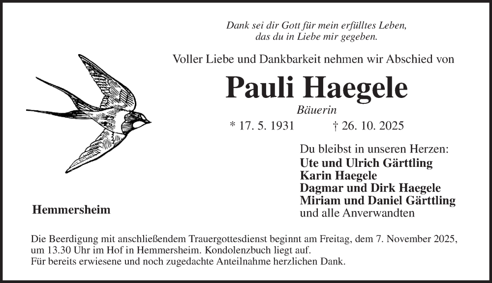  Traueranzeige für Pauli Haegele vom 04.11.2025 aus Neustadt/ Scheinfeld/ Uffenheim