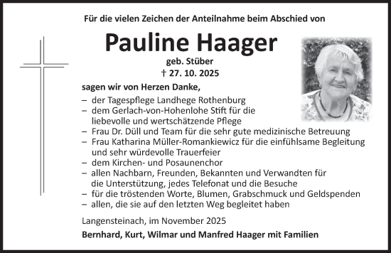 Traueranzeige von Pauline Haager von Neustadt/ Scheinfeld/ Uffenheim
