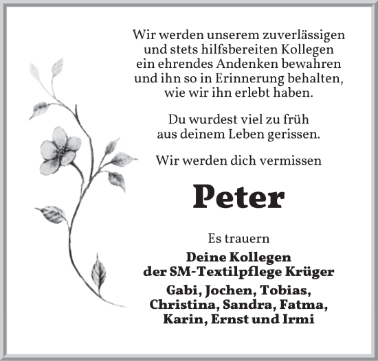 Traueranzeige von Peter  von Rothenburg