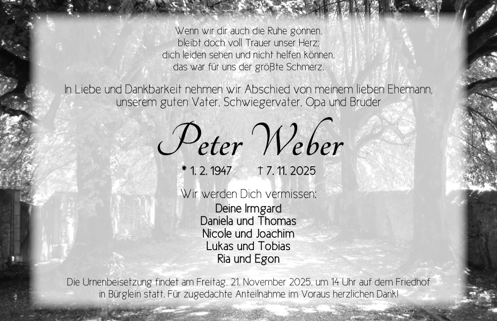  Traueranzeige für Peter Weber vom 15.11.2025 aus Ansbach
