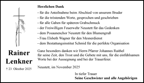 Traueranzeige von Rainer Lenkner von Rothenburg