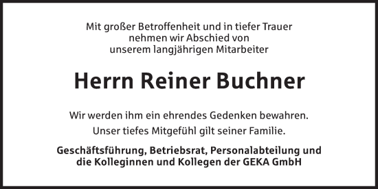 Traueranzeige von Reiner Buchner von Ansbach