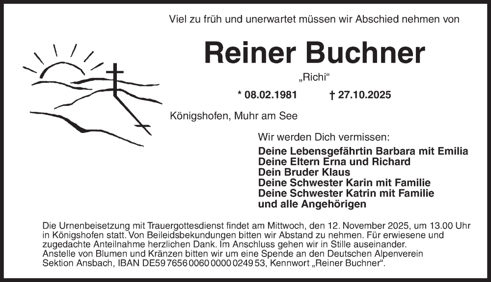  Traueranzeige für Reiner Buchner vom 08.11.2025 aus Dinkelsbühl/ Feuchtwangen