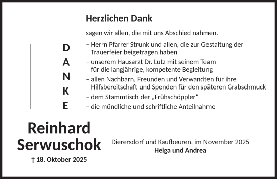 Traueranzeige von Reinhard Serwuschok von Ansbach