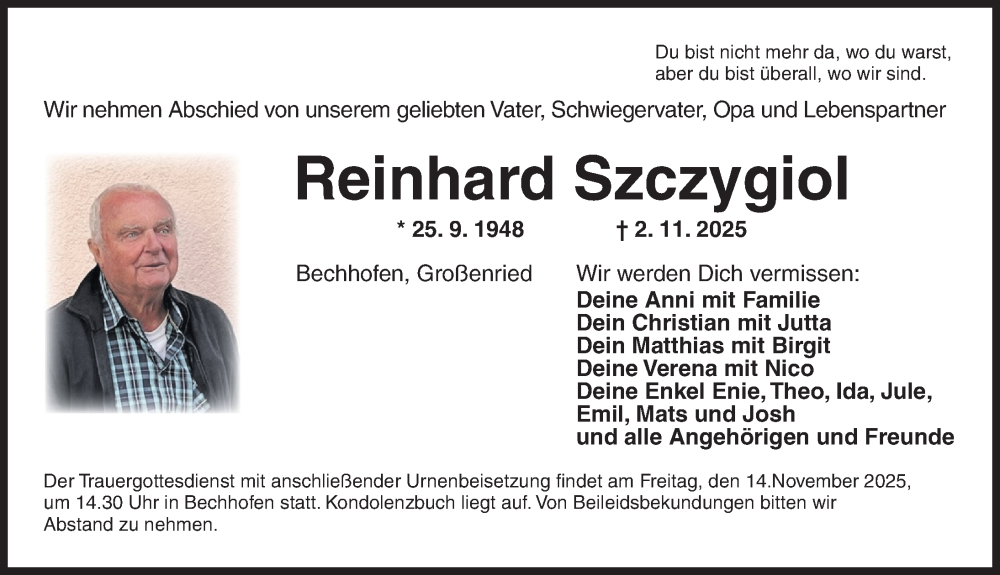  Traueranzeige für Reinhard Szczygiol vom 12.11.2025 aus Dinkelsbühl/ Feuchtwangen