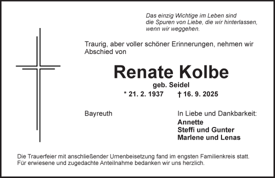 Traueranzeige von Renate Kolbe von Ansbach