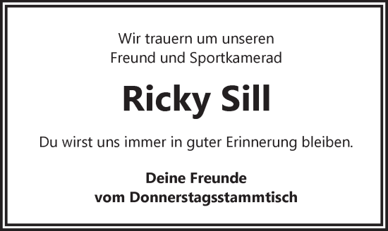 Traueranzeige von Ricky Sill von Rothenburg