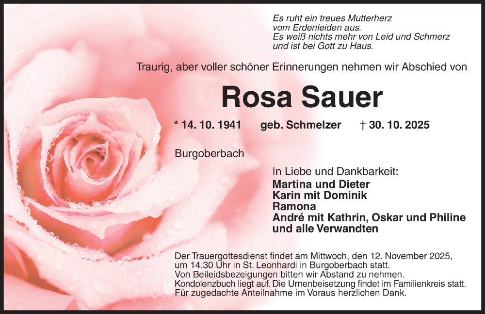  Traueranzeige für Rosa Sauer vom 10.11.2025 aus Ansbach