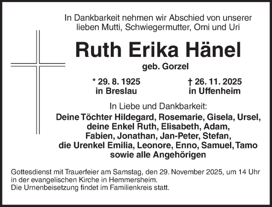 Traueranzeige von Ruth Erika Hänel von Neustadt/ Scheinfeld/ Uffenheim