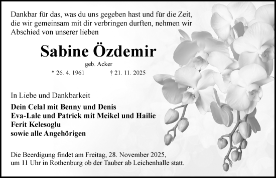 Traueranzeige von Sabine Özdemir von Rothenburg