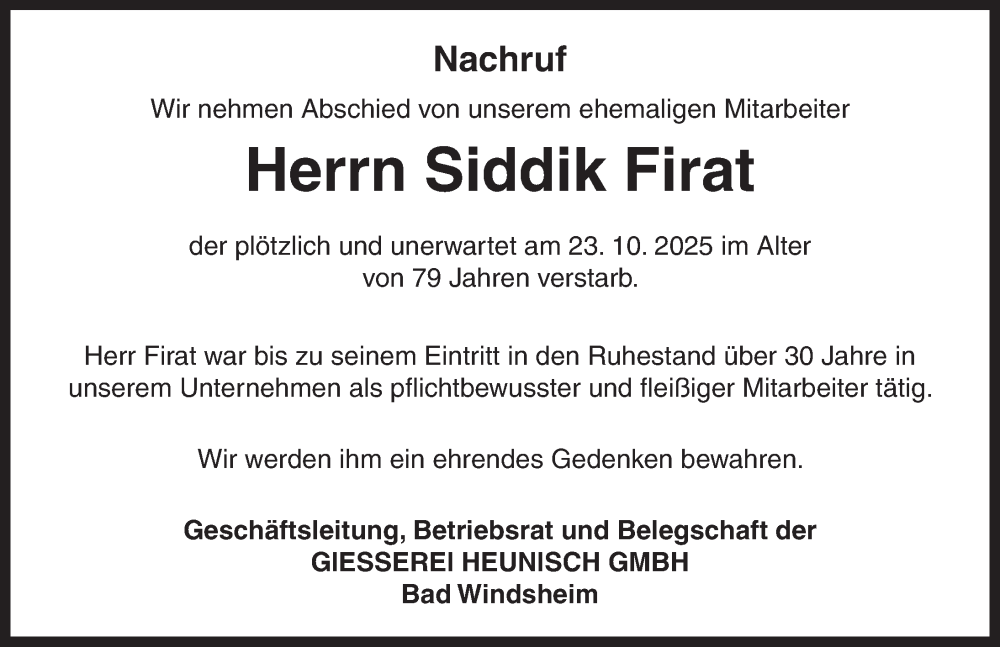  Traueranzeige für Siddik Firat vom 03.11.2025 aus Neustadt/ Scheinfeld/ Uffenheim