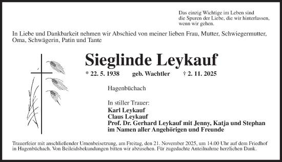 Traueranzeige von Sieglinde Leykauf von Neustadt/ Scheinfeld/ Uffenheim