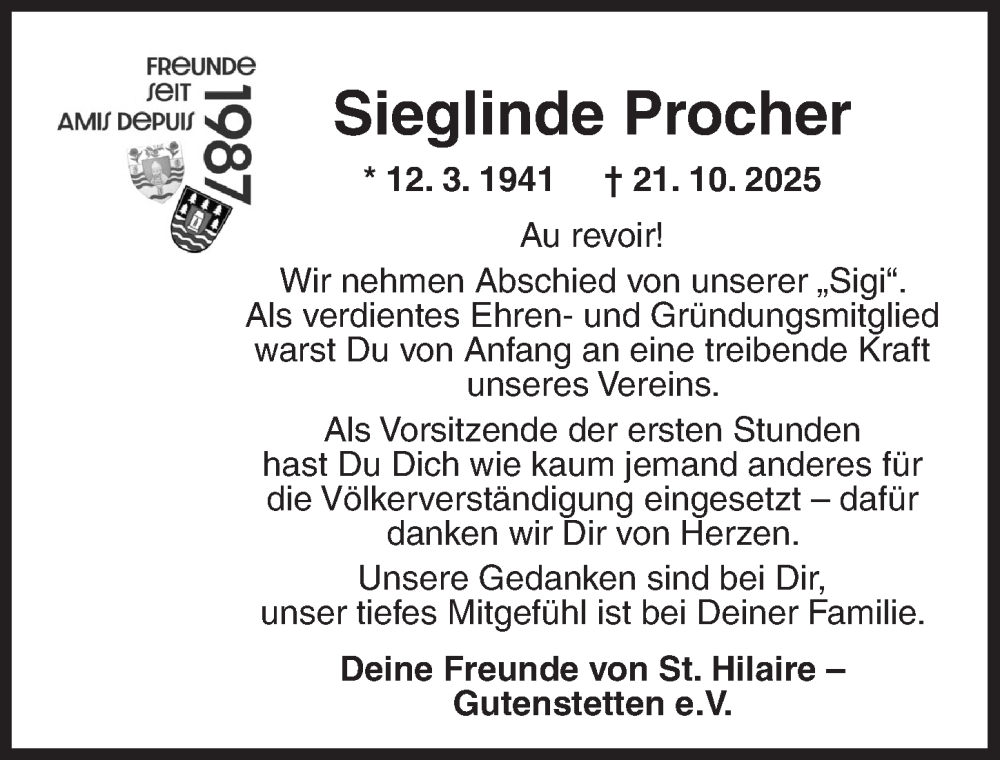  Traueranzeige für Sieglinde Procher vom 15.11.2025 aus Neustadt/ Scheinfeld/ Uffenheim