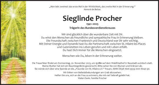 Traueranzeige von Sieglinde Procher von Neustadt/ Scheinfeld/ Uffenheim