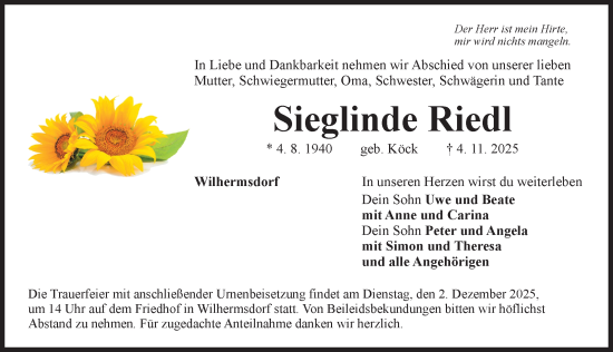Traueranzeige von Sieglinde Riedl von Neustadt/ Scheinfeld/ Uffenheim
