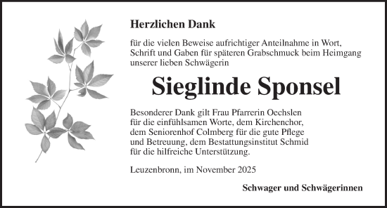 Traueranzeige von Sieglinde Sponsel von Rothenburg