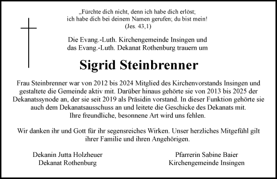 Traueranzeige von Sigrid Steinbrenner von Rothenburg