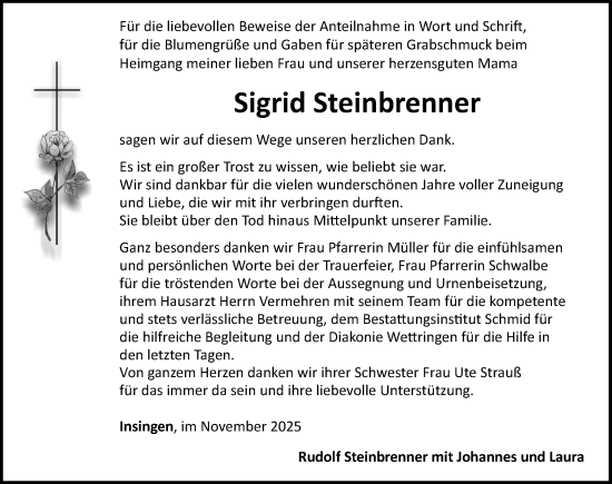 Traueranzeige von Sigrid Steinbrenner von Rothenburg