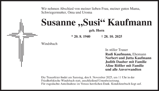 Traueranzeige von Susanne Kaufmann von Ansbach