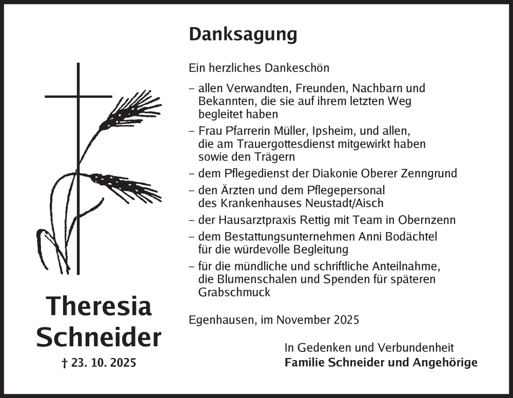  Traueranzeige für Theresia Schneider vom 15.11.2025 aus Neustadt/ Scheinfeld/ Uffenheim