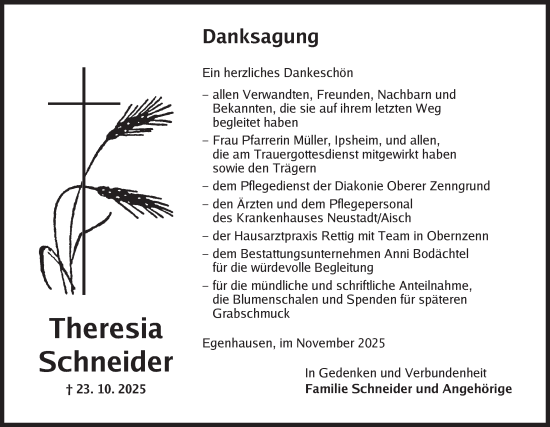 Traueranzeige von Theresia Schneider von Neustadt/ Scheinfeld/ Uffenheim