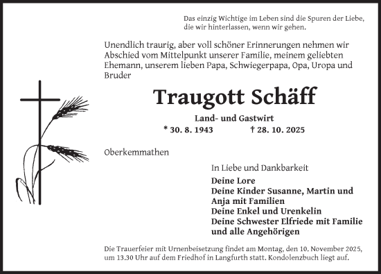 Traueranzeige von Traugott Schäff von Dinkelsbühl/ Feuchtwangen