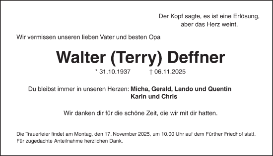 Traueranzeige von Walter Deffner von Ansbach