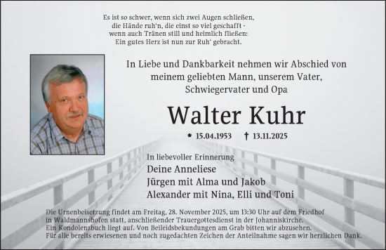 Traueranzeige von Walter Kuhr von Neustadt/ Scheinfeld/ Uffenheim