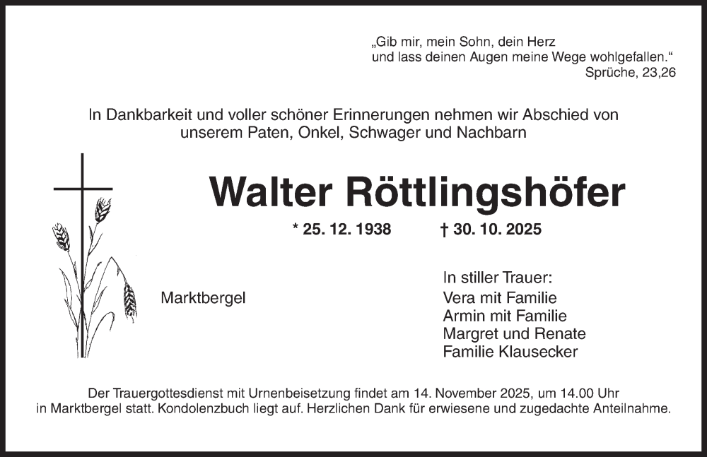  Traueranzeige für Walter Röttlingshöfer vom 11.11.2025 aus Neustadt/ Scheinfeld/ Uffenheim