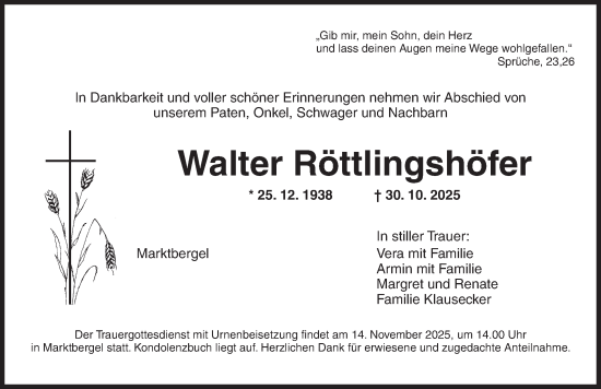 Traueranzeige von Walter Röttlingshöfer von Neustadt/ Scheinfeld/ Uffenheim