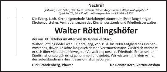 Traueranzeige von Walter Röttlingshöfer von Neustadt/ Scheinfeld/ Uffenheim