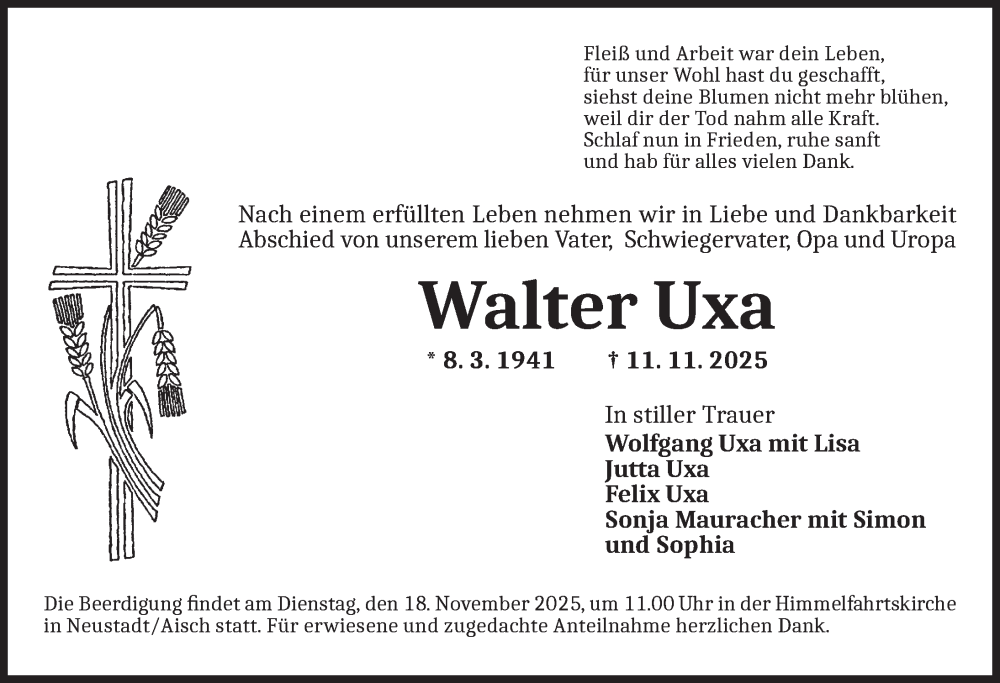  Traueranzeige für Walter Uxa vom 15.11.2025 aus Neustadt/ Scheinfeld/ Uffenheim