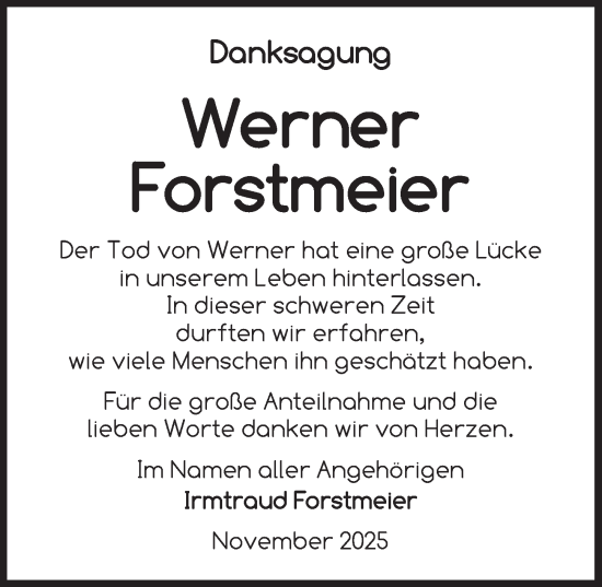 Traueranzeige von Werner Forstmeier von Ansbach