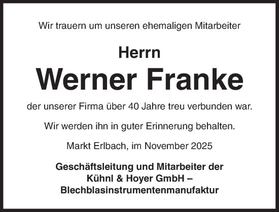Traueranzeige von Werner Franke von Neustadt/ Scheinfeld/ Uffenheim