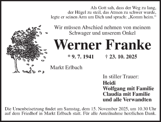Traueranzeige von Werner Franke von Neustadt/ Scheinfeld/ Uffenheim