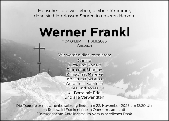 Traueranzeige von Werner Frankl von Ansbach