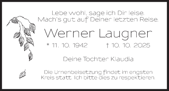 Traueranzeige von Werner Laugner von Ansbach