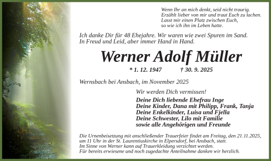 Traueranzeige von Werner Adolf Müller von Ansbach