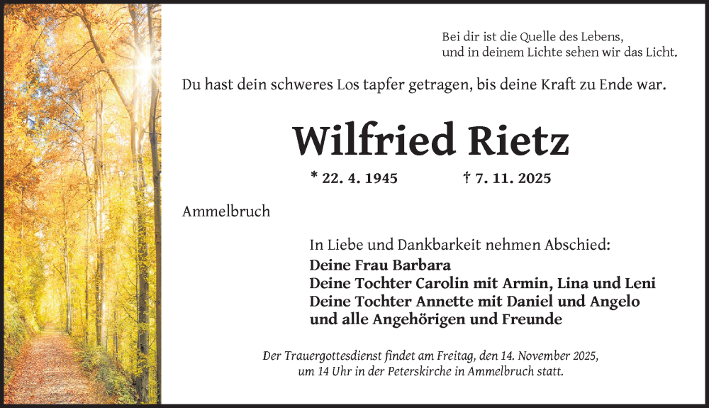  Traueranzeige für Wilfried Rietz vom 12.11.2025 aus Dinkelsbühl/ Feuchtwangen