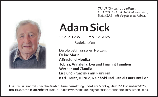 Traueranzeige von Adam Sick von Neustadt/ Scheinfeld/ Uffenheim