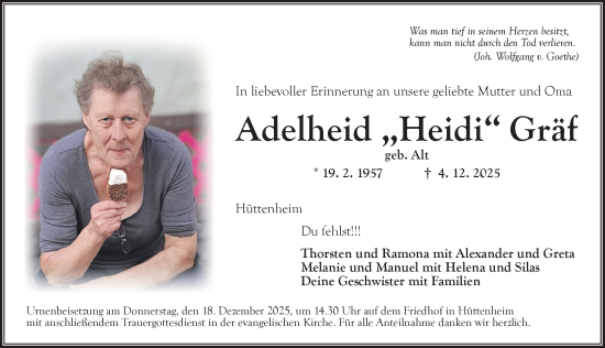 Traueranzeige von Adelheid Gräf von Neustadt/ Scheinfeld/ Uffenheim