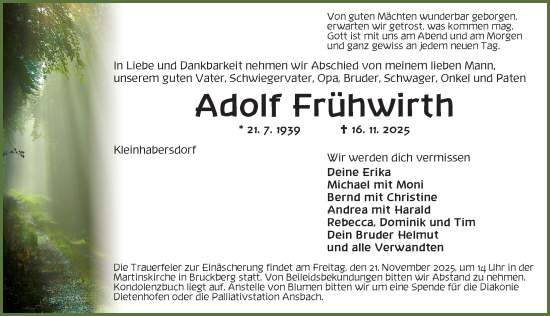 Traueranzeige von Adolf Frühwirth von Ansbach