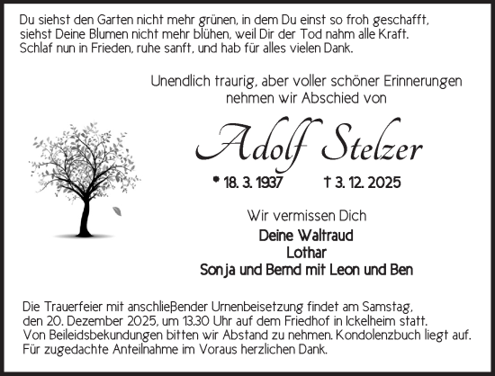 Traueranzeige von Adolf Stelzer von Neustadt/ Scheinfeld/ Uffenheim