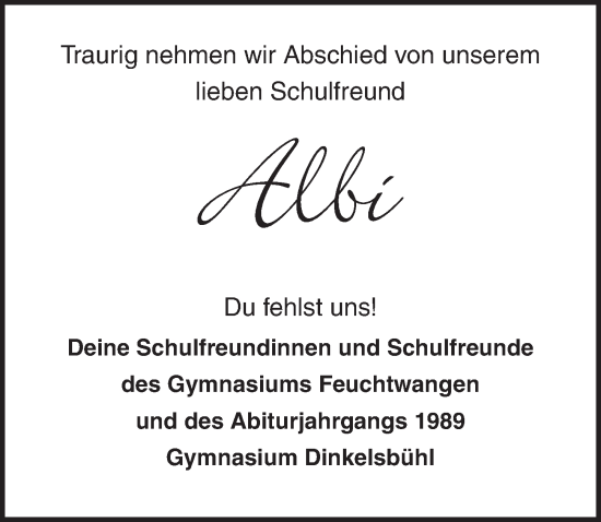 Traueranzeige von Albi  von Dinkelsbühl/ Feuchtwangen