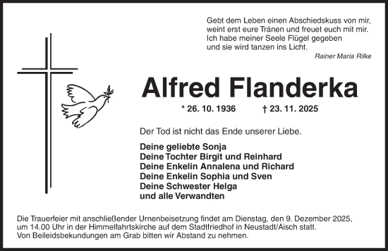 Traueranzeige von Alfred Flanderka von Neustadt/ Scheinfeld/ Uffenheim