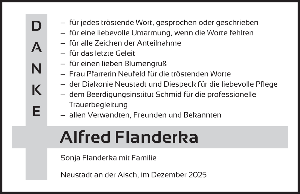  Traueranzeige für Alfred Flanderka vom 20.12.2025 aus Neustadt/ Scheinfeld/ Uffenheim