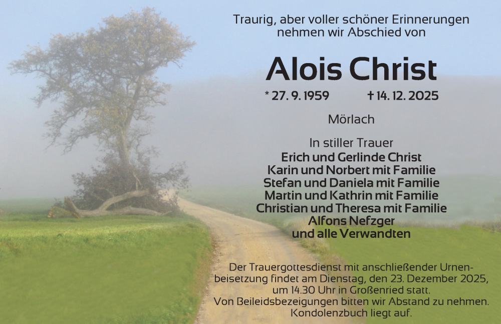  Traueranzeige für Alois Christ vom 20.12.2025 aus Ansbach