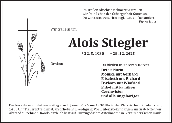 Traueranzeige von Alois Stiegler von Ansbach